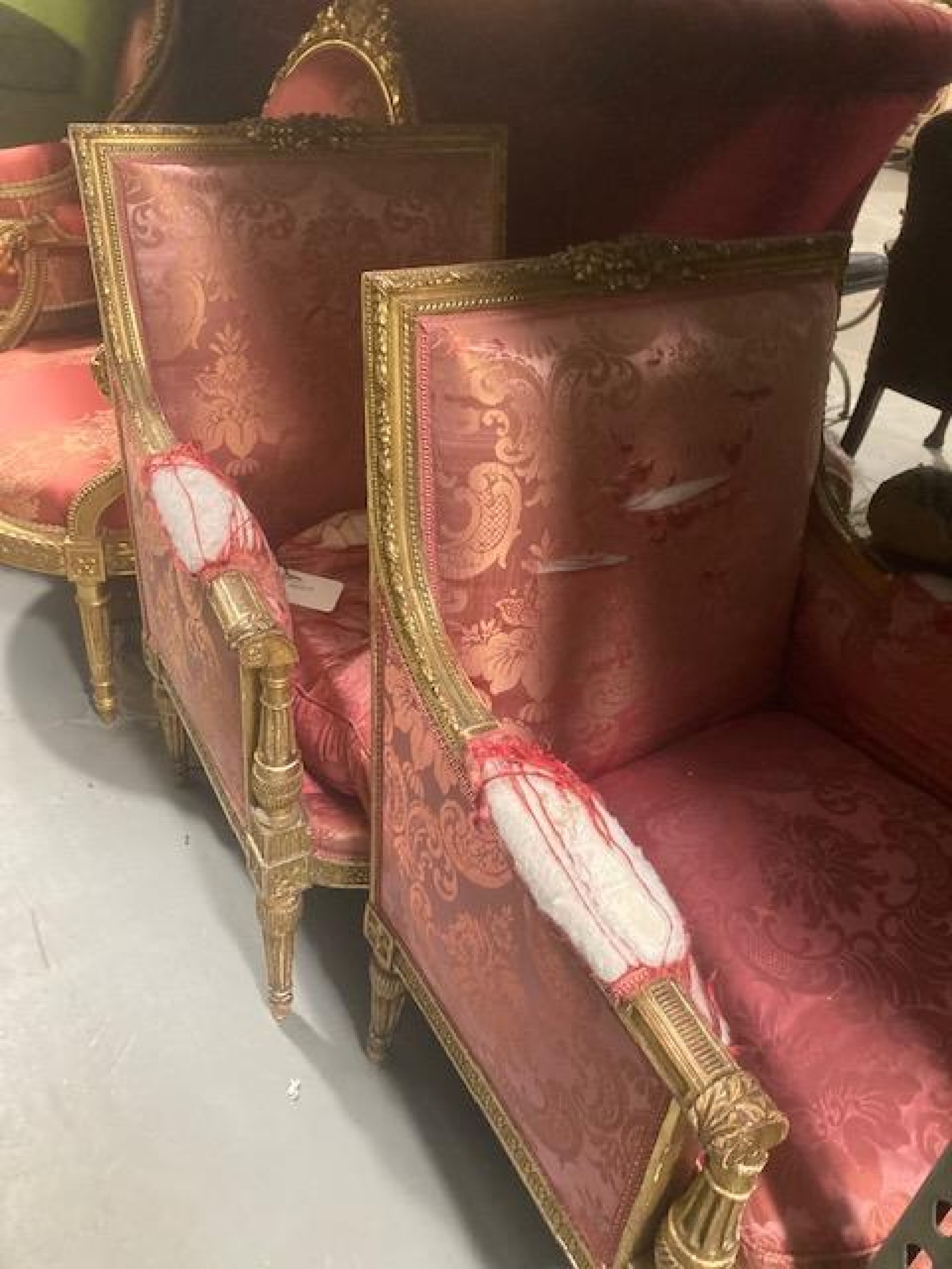 Pair French Louis XVI Pink Silk Damask and Giltwood Bergere Chairs